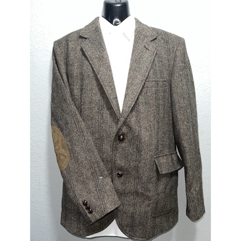 PENDELTON Blazer 44L Sport Coat Jacket Virgin Wool Brown Herringbone Elbow Patch